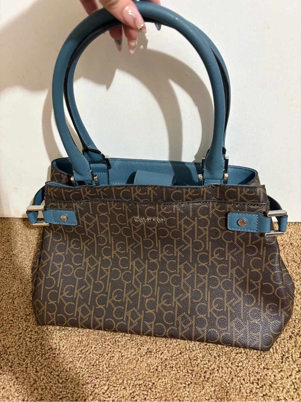 Calvin Klein Brown Monogram Satchel with Teal Handles
